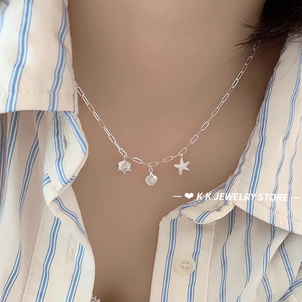 925 silver shell starfish zircon necklace