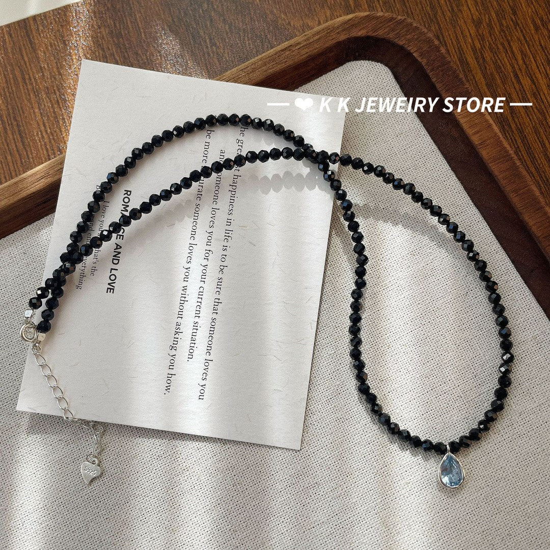 925 silver crushed silver black spinel blue zircon necklace