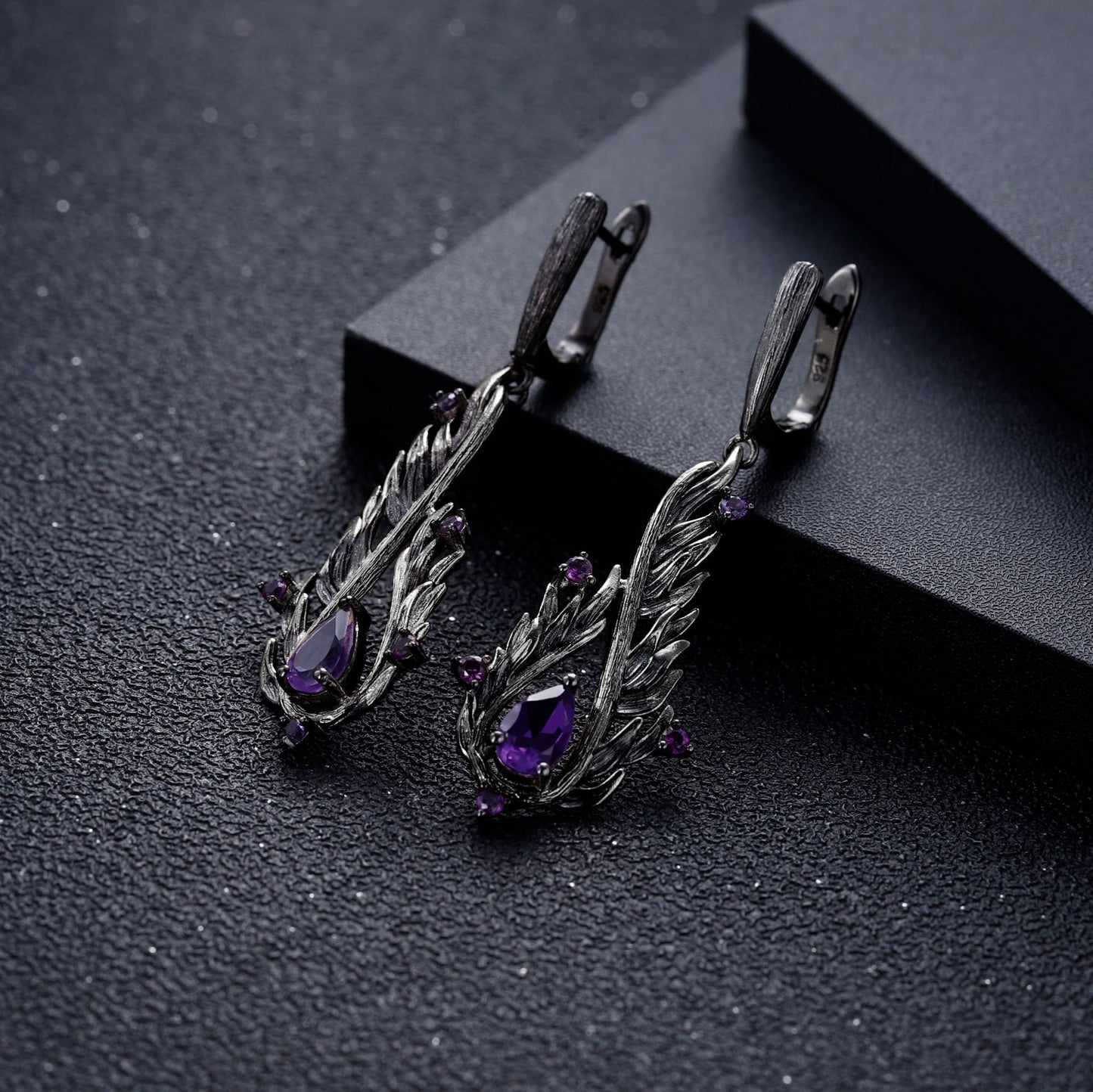 Designer! 925 silver natural amethyst dark retro style Italian craft earrings