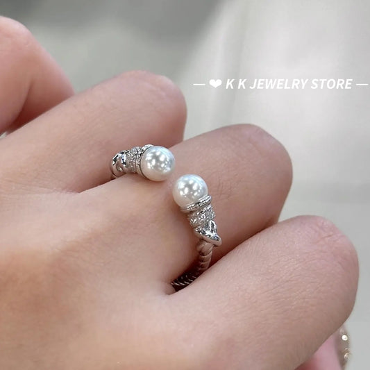 925 Silver 6mm Shell Bead Twist Open Ring