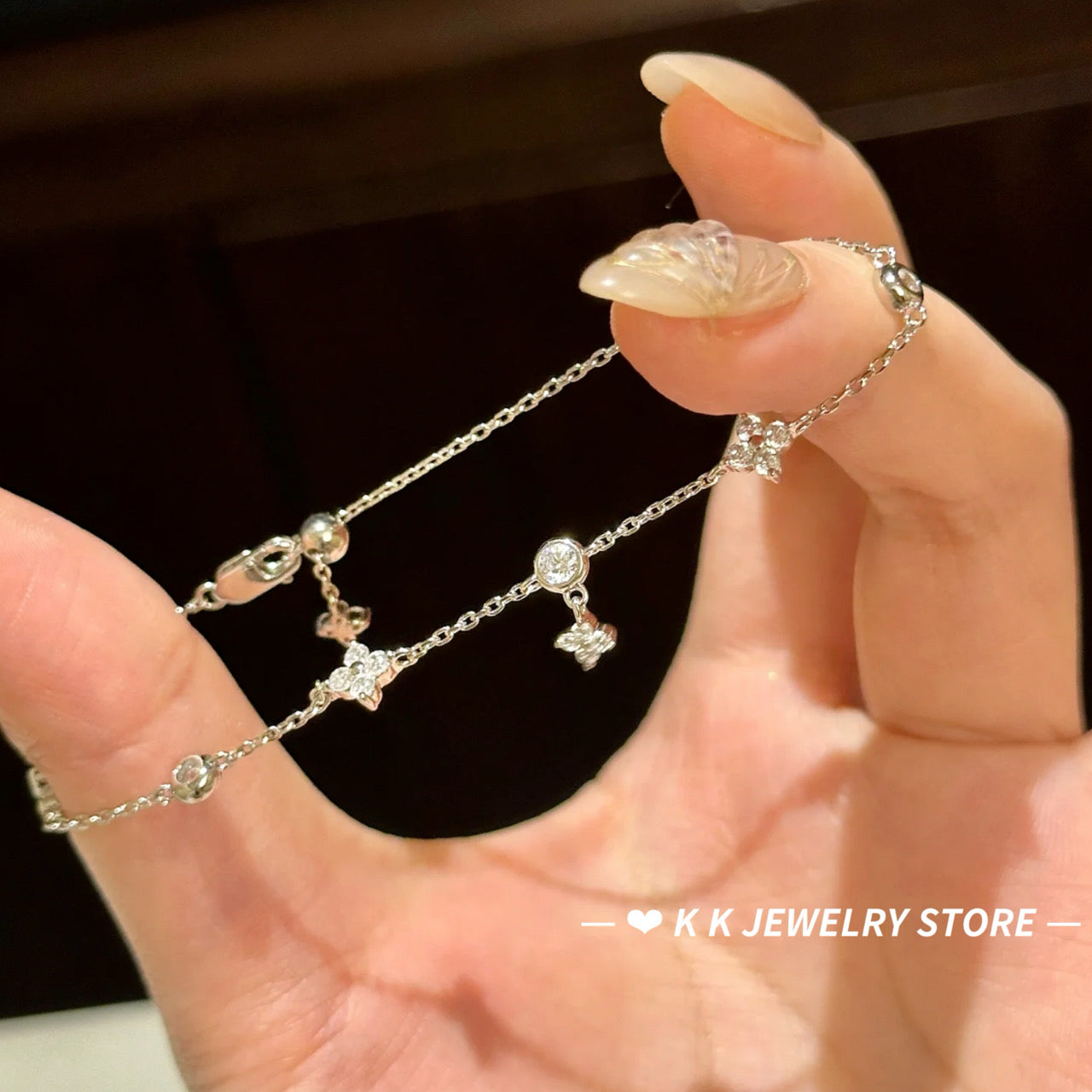 925 Silver Four Leaf Bubble Diamond Bracelet