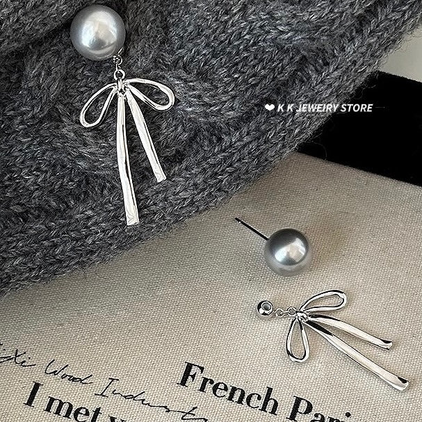 925 silver faux grey pearl bow stud earrings