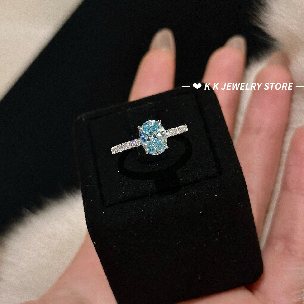 925 Silver High Carbon Diamond Sea Blue Zirconia 6*8 Ring