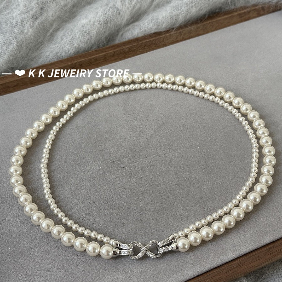 Figure-eight buckle gray double-layered pearl necklace