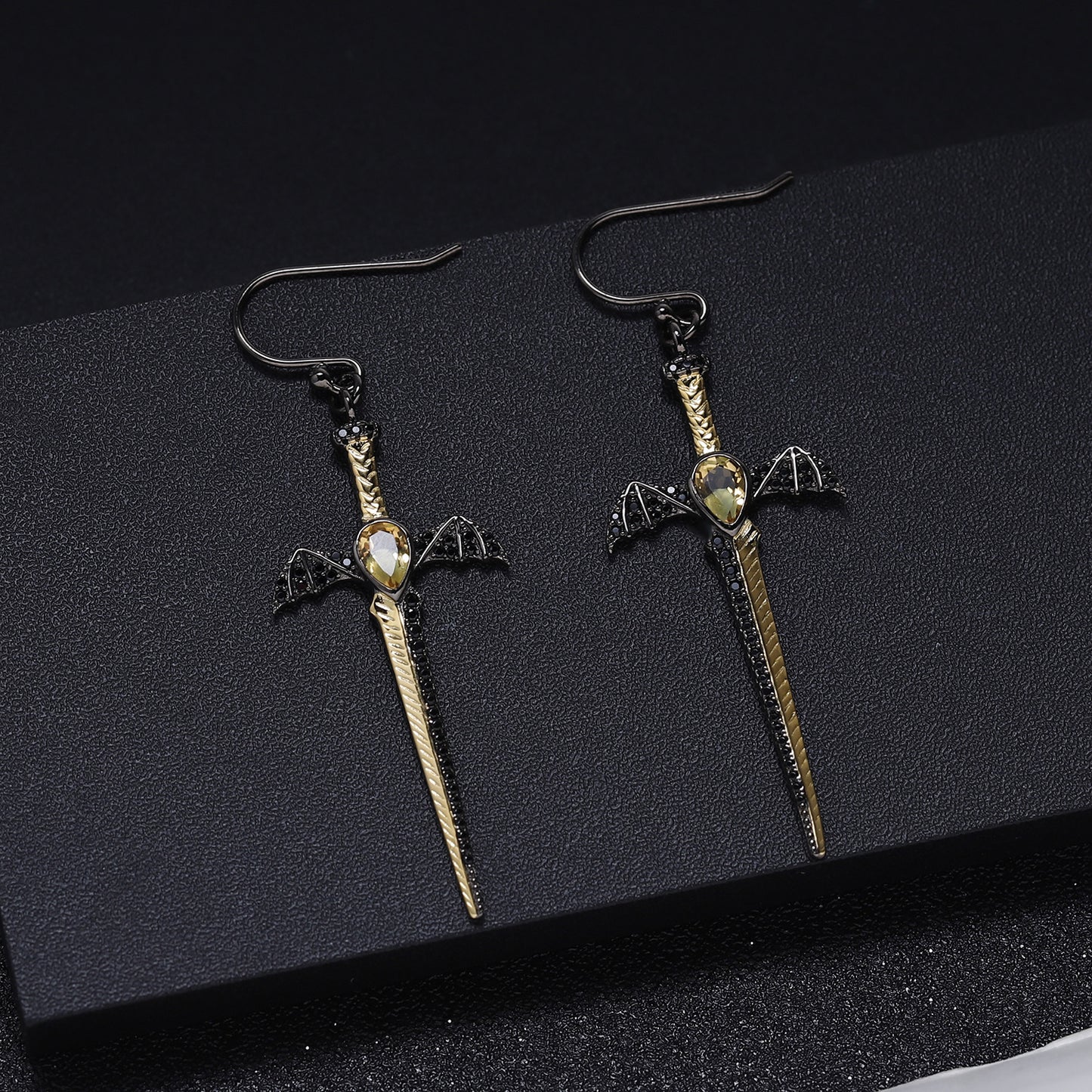 Designer! 925 Silver Natural Colored Gemstone Dark Black Premium Dagger Design Earrings