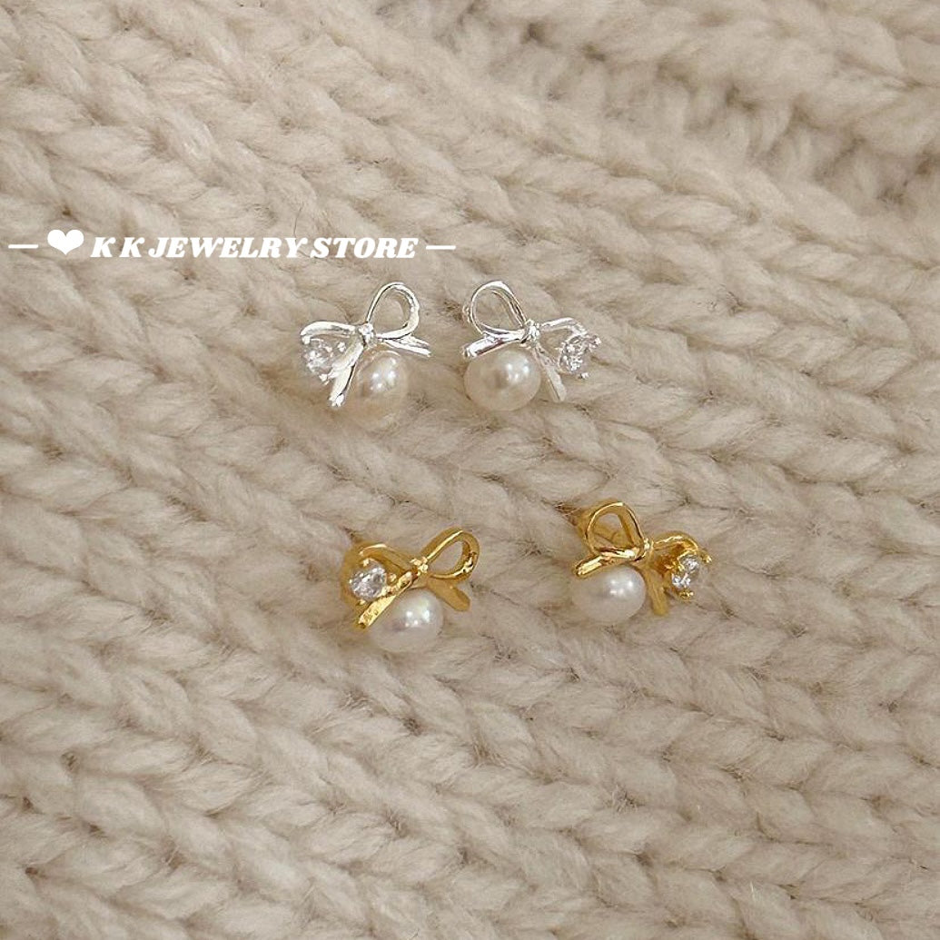 925 silver micro-set zircon pearl bow stud earrings