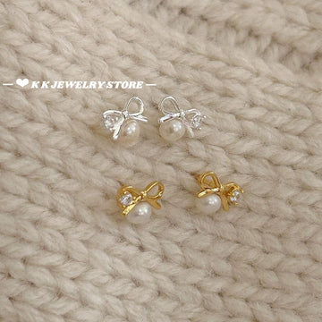 925 Silver Micro-Set Pearl Bow Stud Earrings