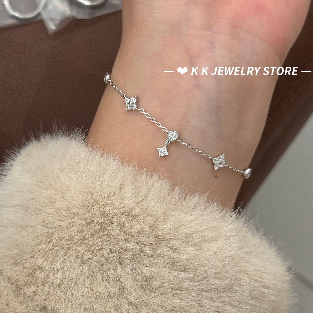 925 Silver Four Leaf Bubble Diamond Bracelet