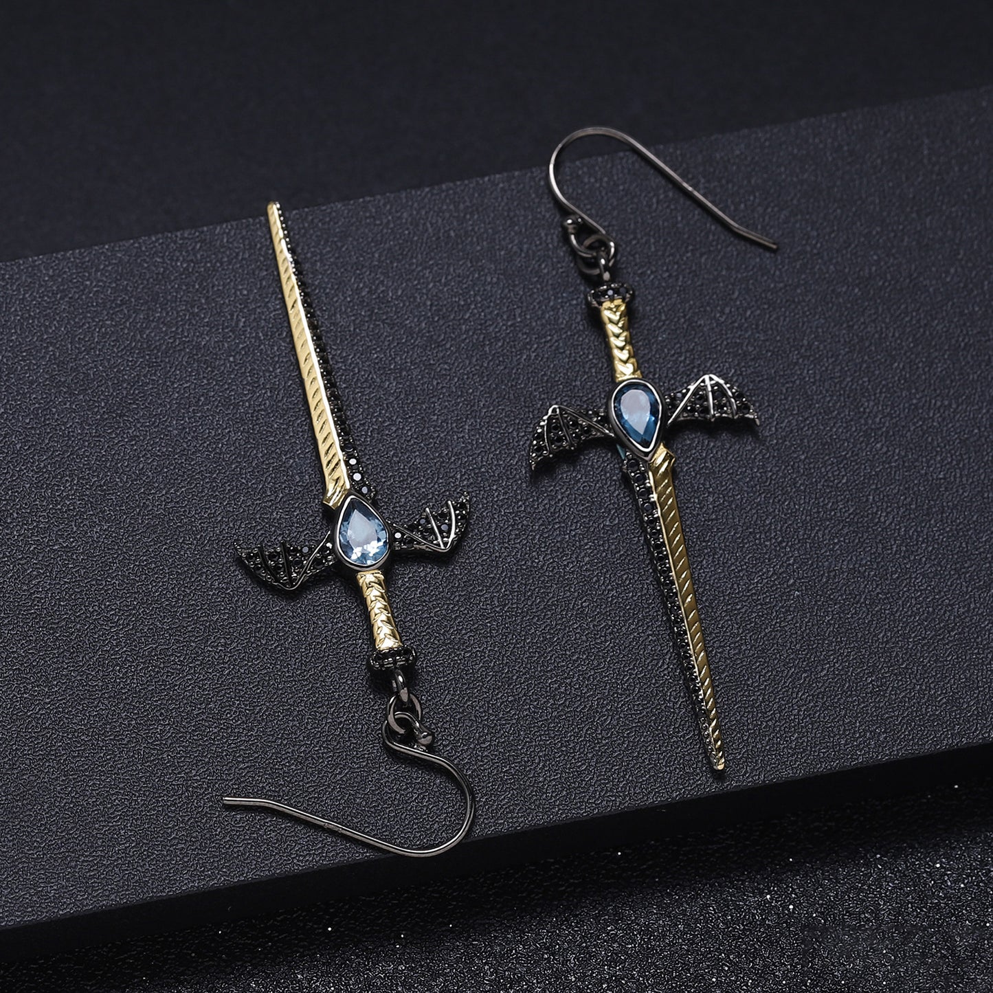 Designer! 925 Silver Natural Colored Gemstone Dark Black Premium Dagger Design Earrings