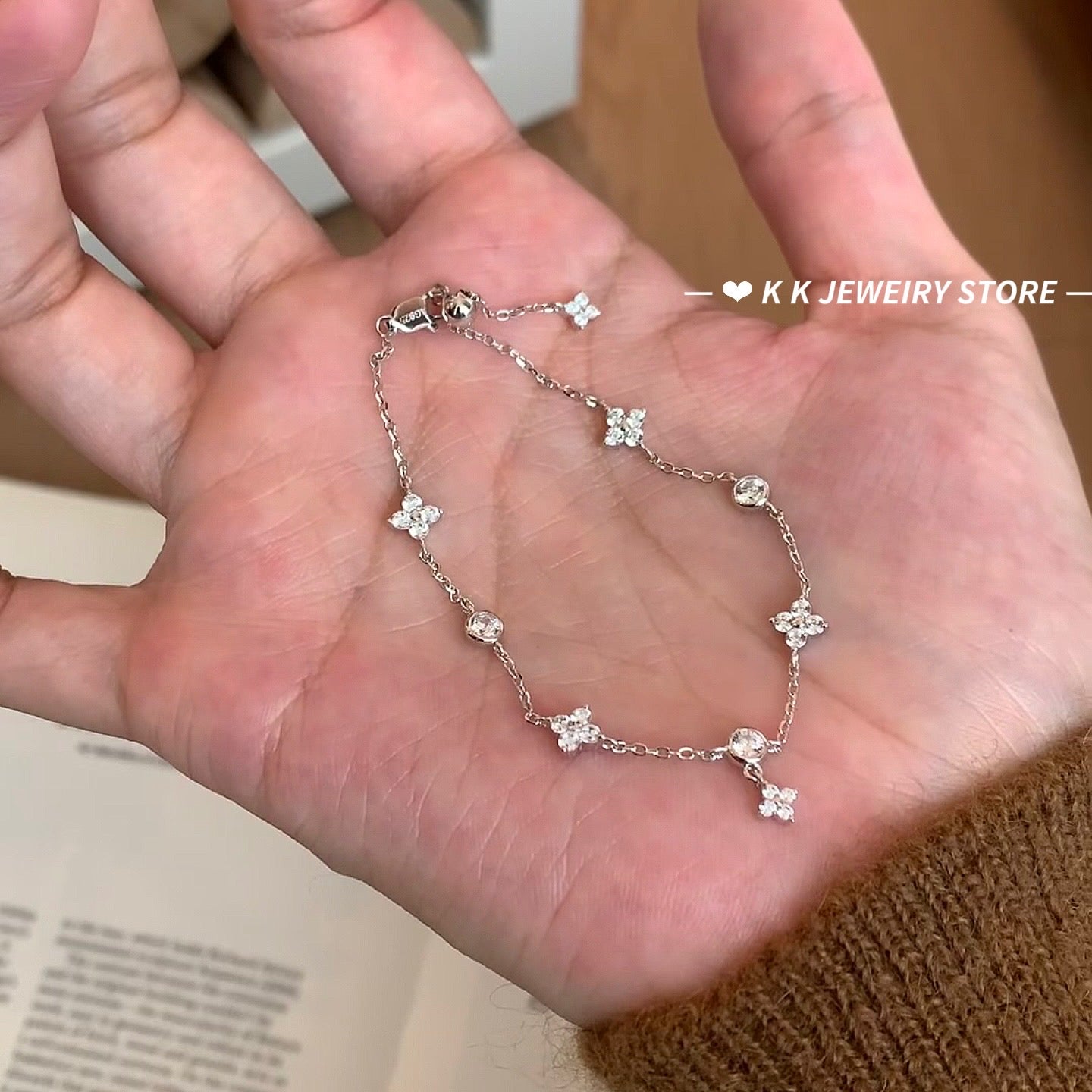 925 Silver Four Leaf Bubble Diamond Bracelet