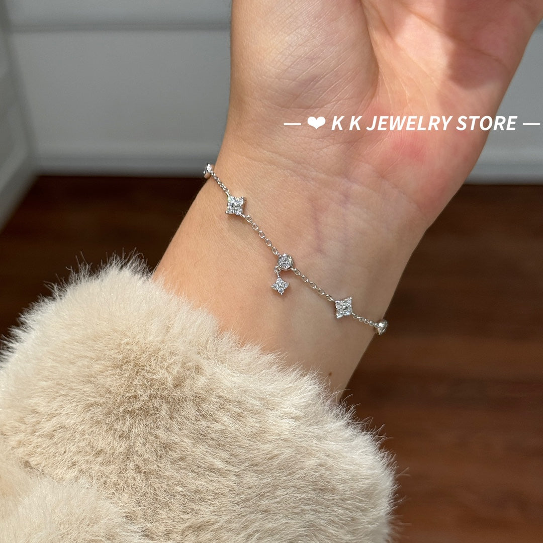 925 Silver Four Leaf Bubble Diamond Bracelet