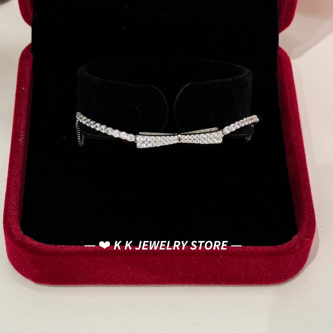 925 silver double row full of diamonds three-dimensional bow bracelet