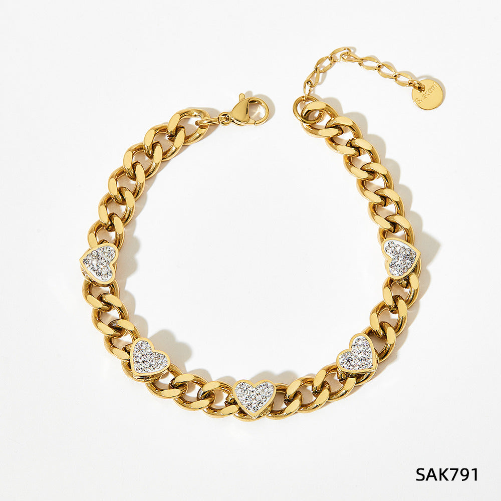 Zircon chain love stainless steel gold bracelet