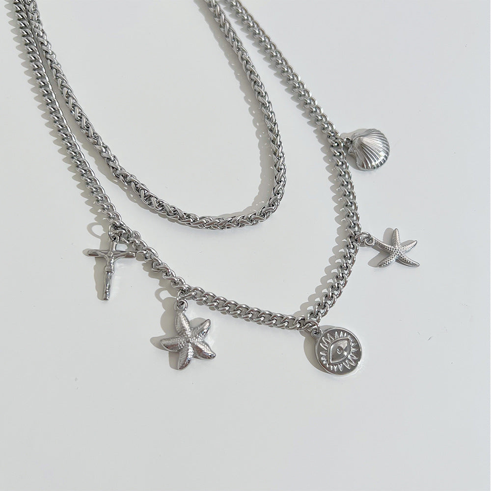 Titanium steel does not fade starfish shell double necklace