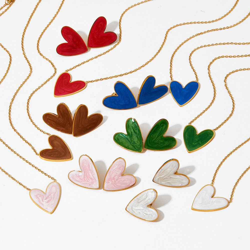 Heart Enamel Stainless Steel Pendant Necklace Earrings