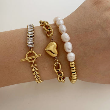 Freshwater Pearl Heart-Stitched Zircon Bracelet