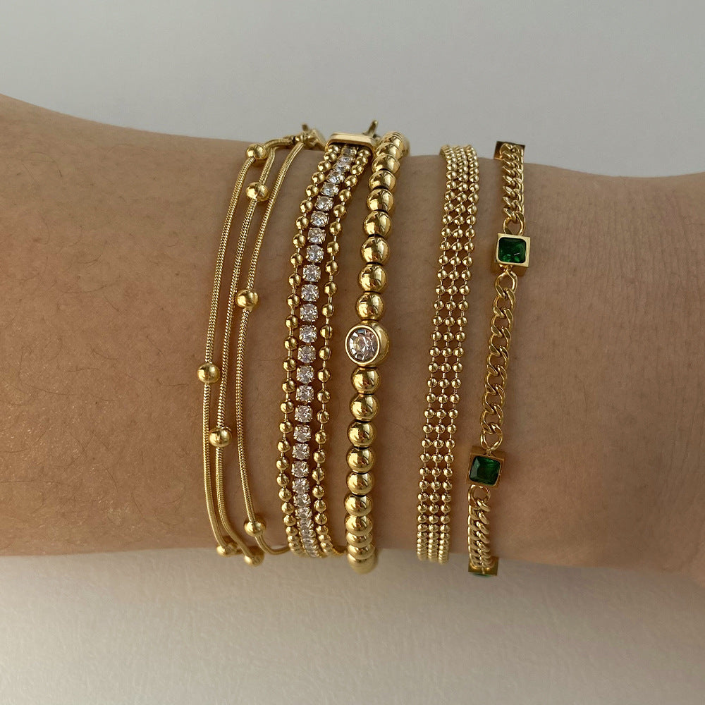 PVD-Plated Stainless Steel Small Gold Bead Gold Chain Stackable Bracelet