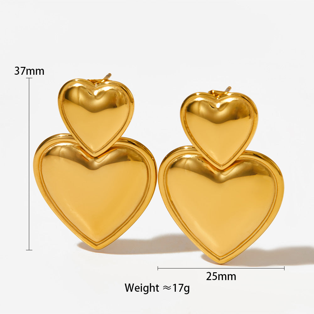 Double heart stainless steel heart to heart love earrings