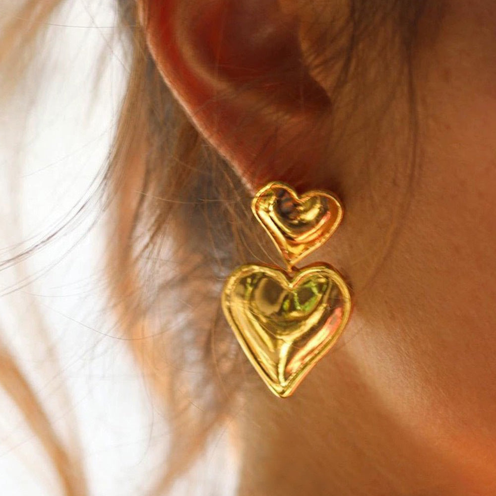 Double heart stainless steel heart to heart love earrings