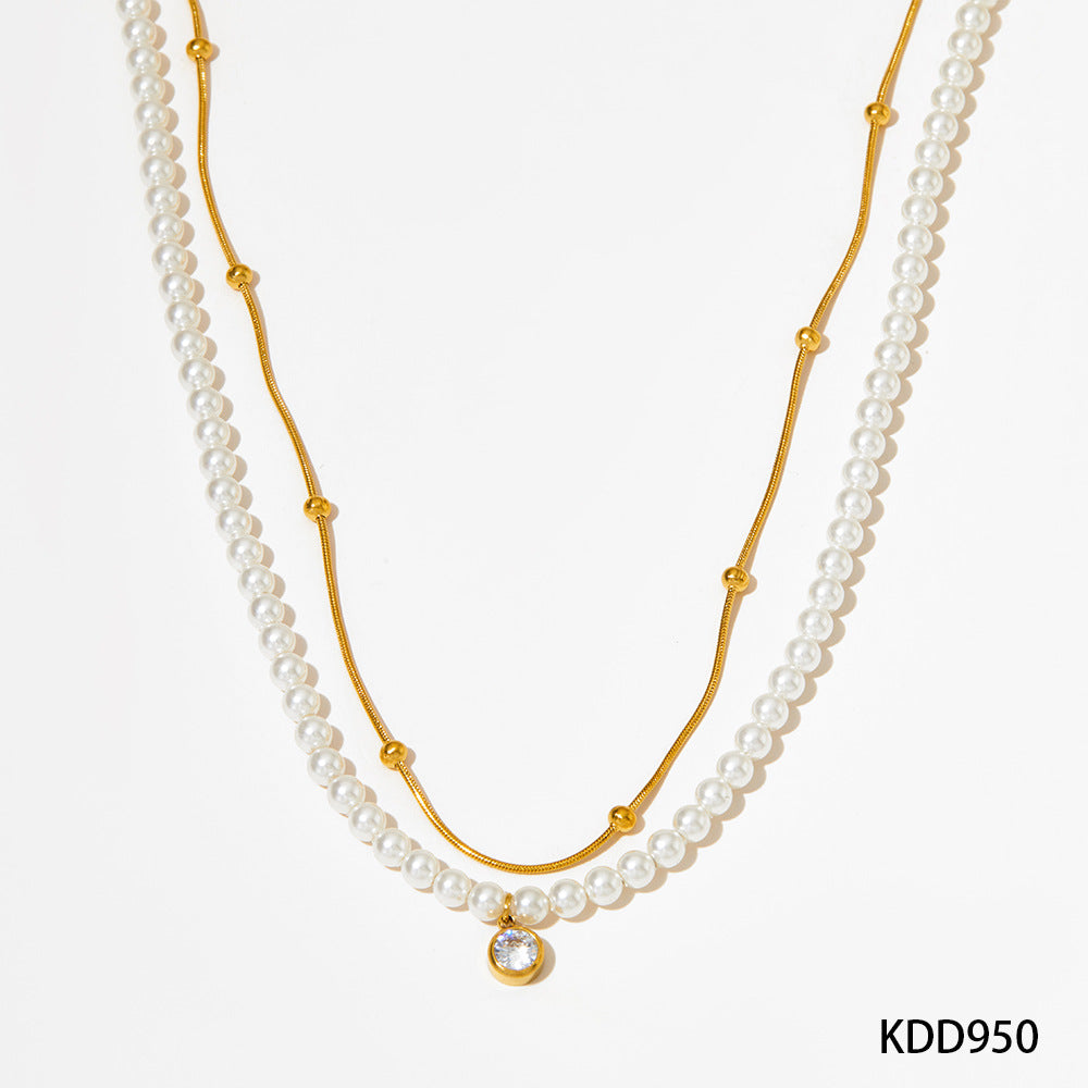 Double shell pearl zircon gold-plated necklace bracelet