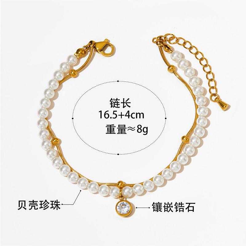 Double shell pearl zircon gold-plated necklace bracelet