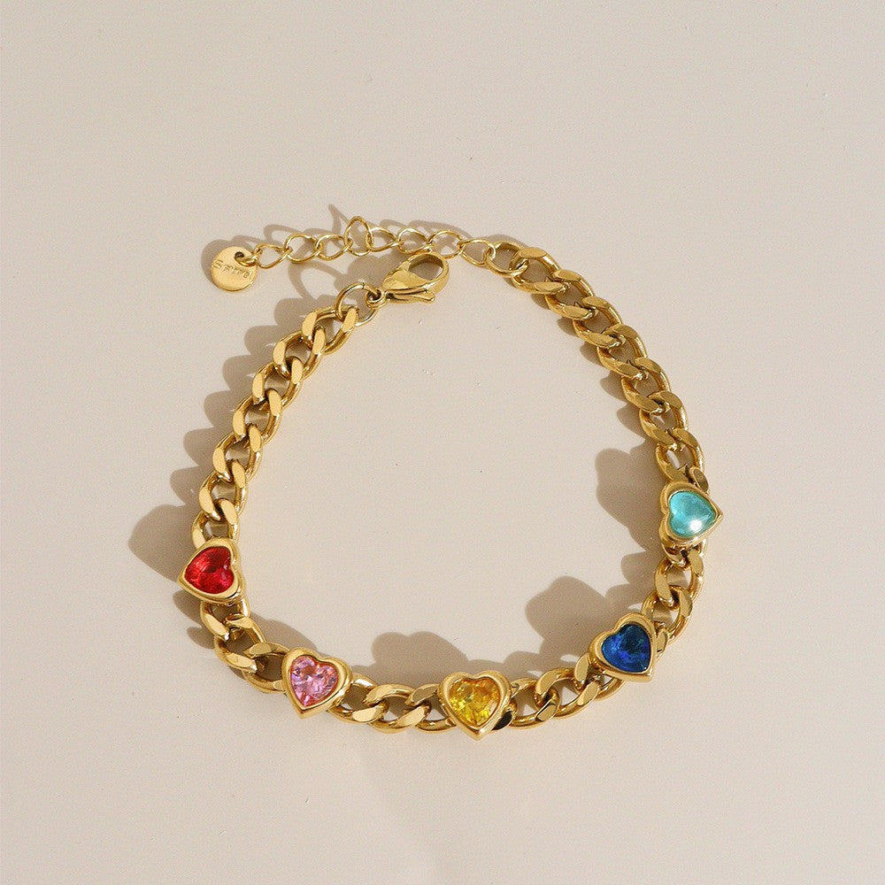 Colorful zircon heart shaped sweet color-preserving bracelet